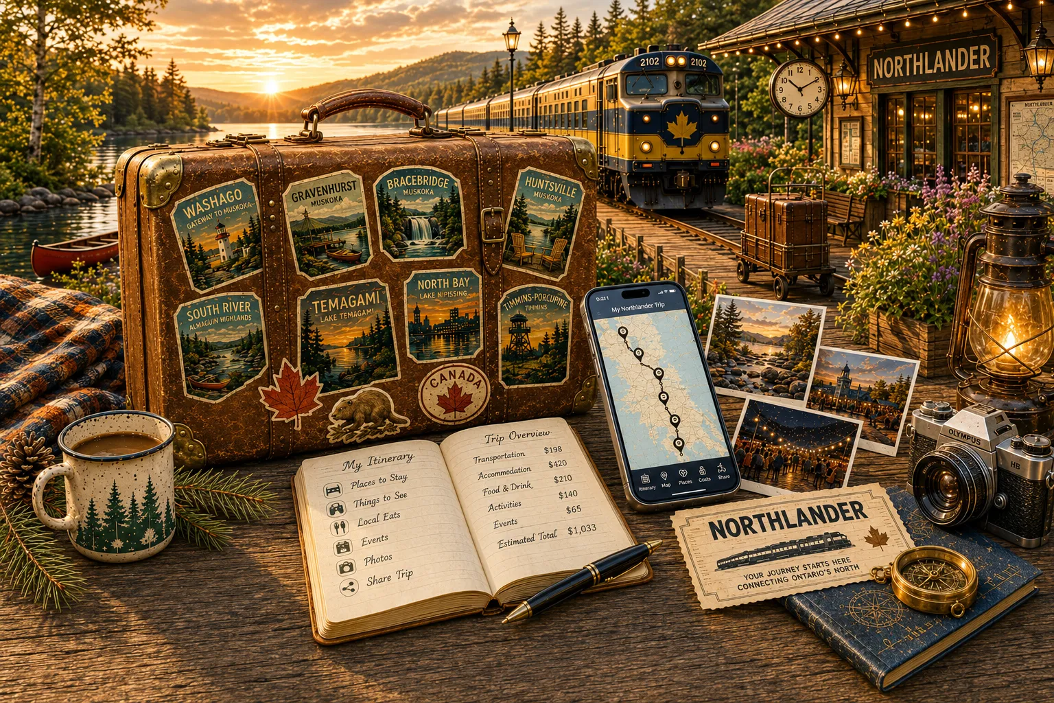A vintage suitcase with route stickers beside a train, a journal, a phone and a ticket at a Northern Ontario station